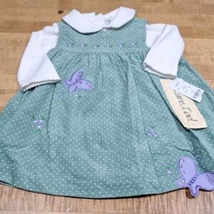 Vintage New Kids Set Green Polka Dot Mini Cordury Dress Butterfly Girls 12M 2 Pc
